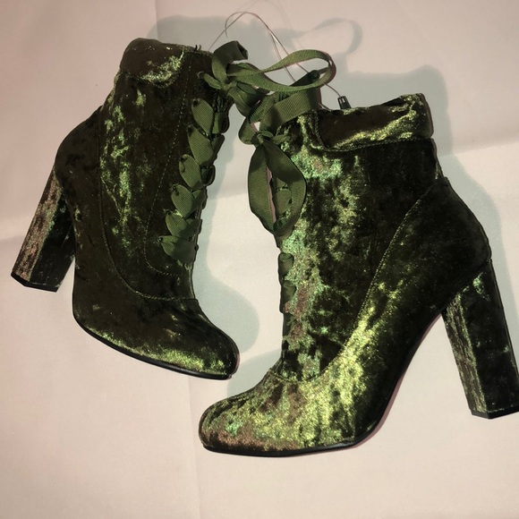 BAMBOO Money Green Velvet Booties - Picture 2 of 3